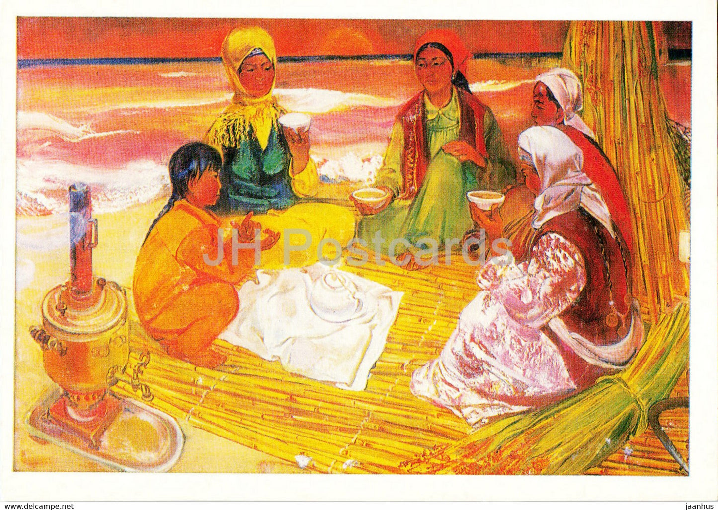 painting by G. Chernukhin - Kok-Chay - drinking tea - samovar - Uzbek Art - 1984 - Russia USSR - unused - JH Postcards
