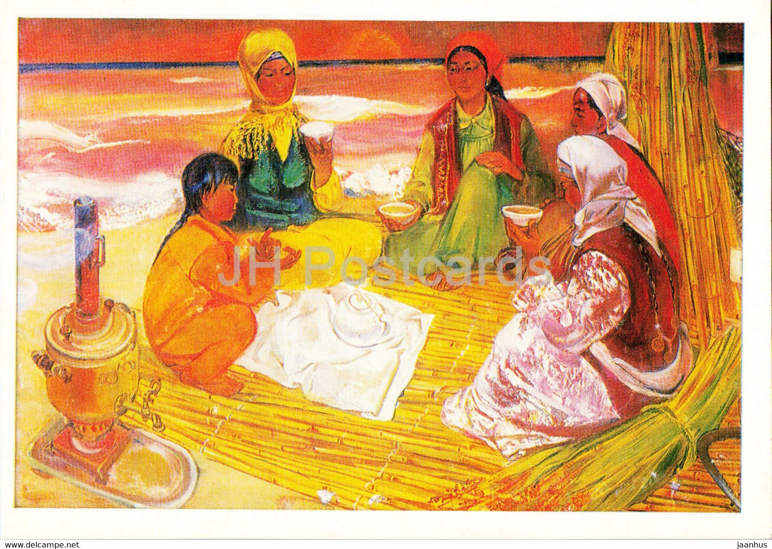 painting by G. Chernukhin - Kok-Chay - drinking tea - samovar - Uzbek Art - 1984 - Russia USSR - unused - JH Postcards