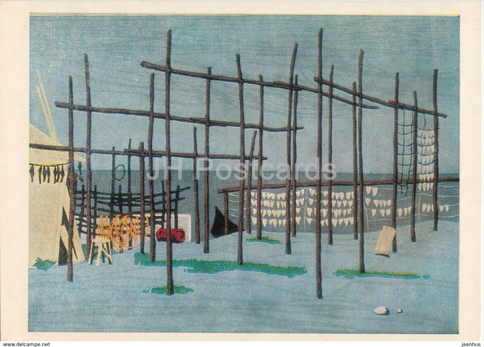 painting by Fumio Kitaoka - Where the cuttlefish is dried , 1966 - Japanese art - 1974 - Russia USSR - unused - JH Postcards