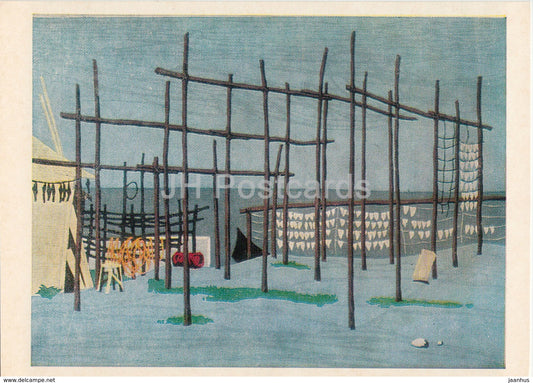 painting by Fumio Kitaoka - Where the cuttlefish is dried , 1966 - Japanese art - 1974 - Russia USSR - unused - JH Postcards