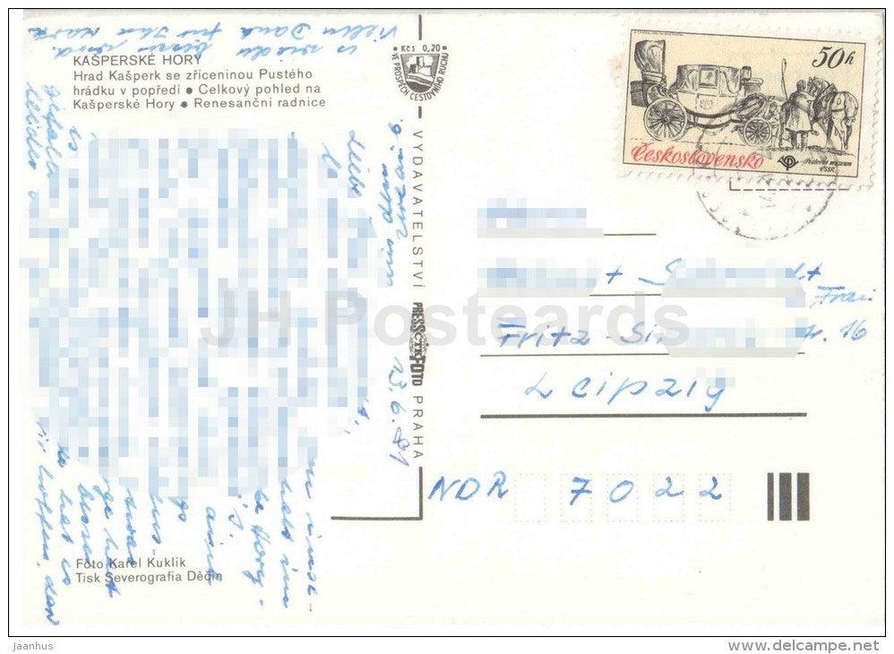 Kasperske Hory - mountains - Kasperk castle - Town Hall - Czechoslovakia - Czech - used 1981 - JH Postcards