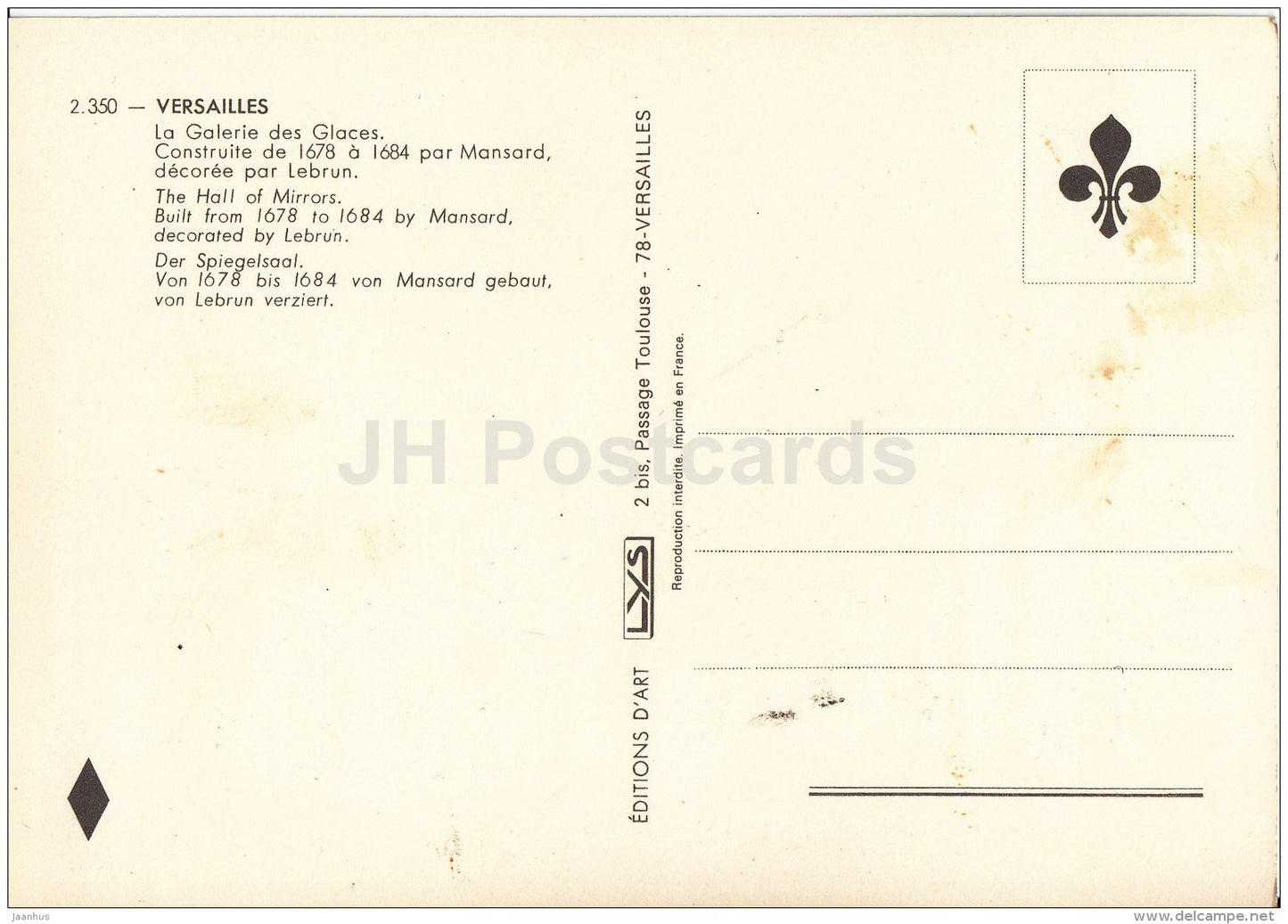 Versailles - La Galerie des Glaces - The Hall of Mirrors - France - unused - JH Postcards