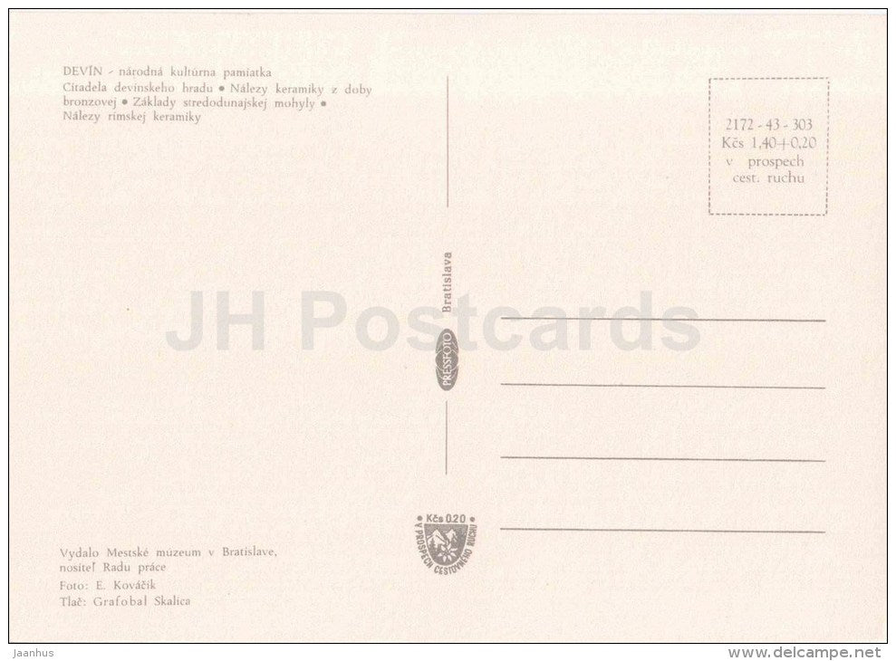 Devin castle - ceramics - bronze age - roman ceramics - archaeology - Czechoslovakia - Slovakia - unused - JH Postcards