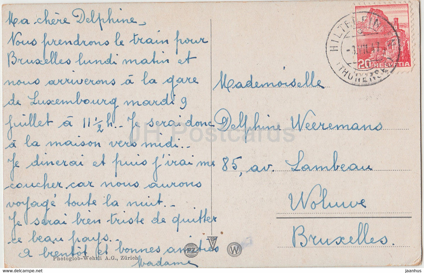 Interlaken mit Jungfrau 4166 m - 4764 - carte postale ancienne - 1947 - Suisse - utilisé