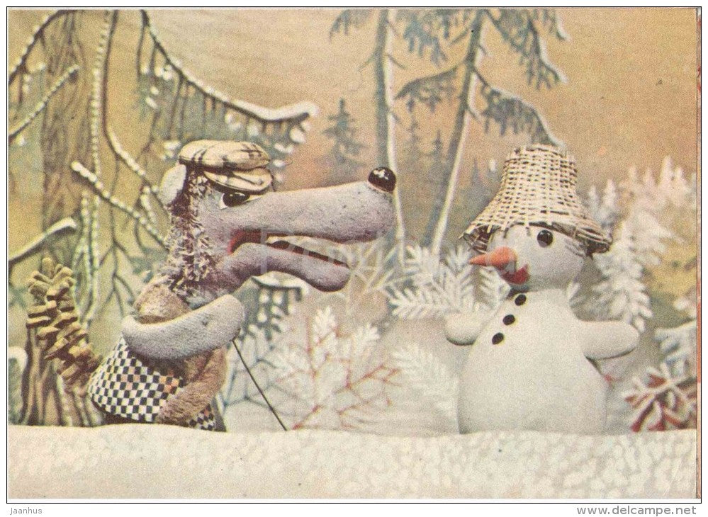 New Year Greeting card - 1 - puppetry - snowman - wolf - 1978 - Estonia USSR - unused - JH Postcards