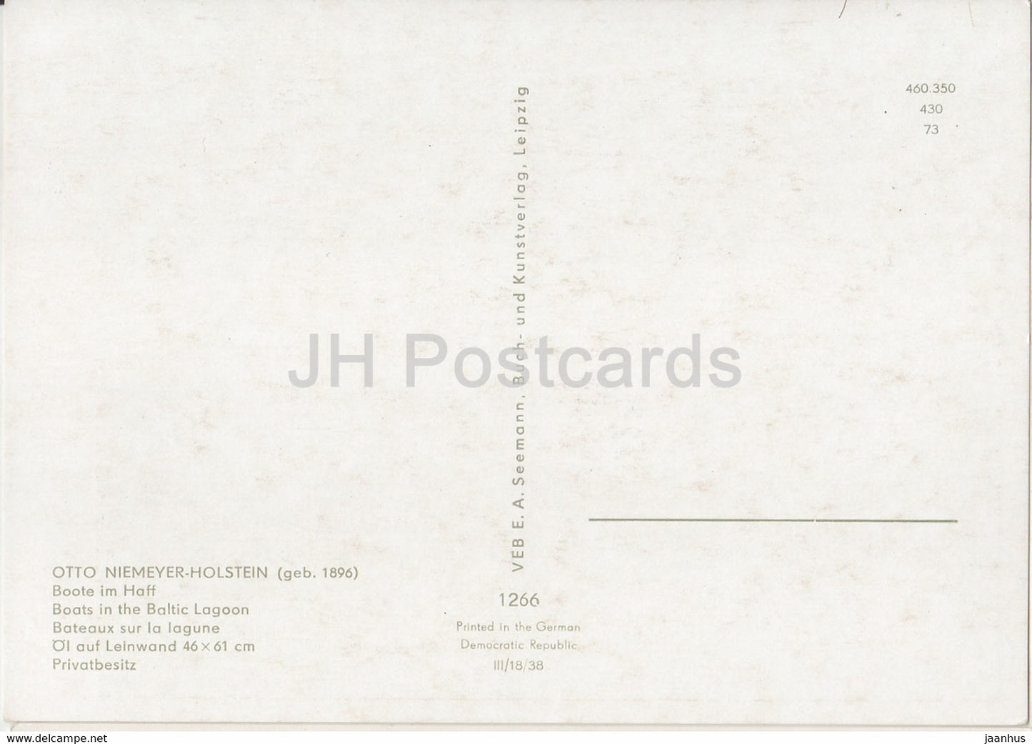 painting by Otto Niemeyer Holstein - Boote im Haff - Boats in the Baltic Lagoon - 1266 - German art - Germany - unused