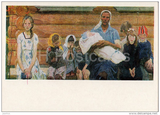 painting by A. and S. Tkachev - Paketov Family , 1964 - children  - Russian art - Russia USSR - 1986 - unused - JH Postcards