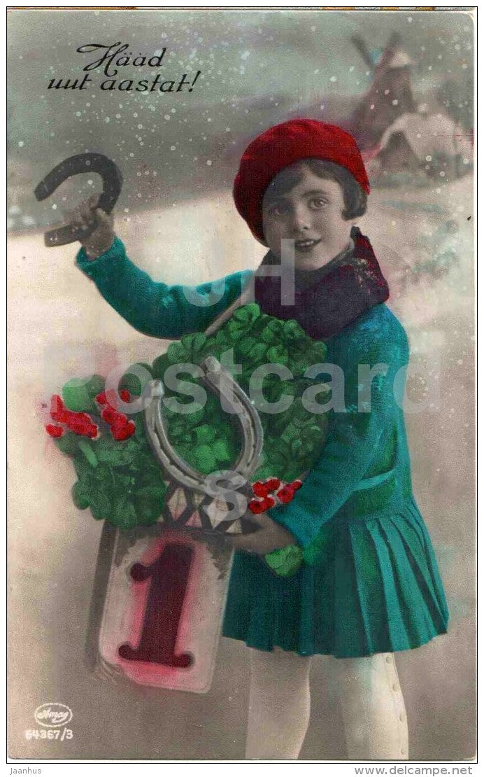 New Year greeting card - girl - horseshoe - windmill - Amag 64367/3 - circulated in Estonia Tallinn Laitse 1930 - JH Postcards