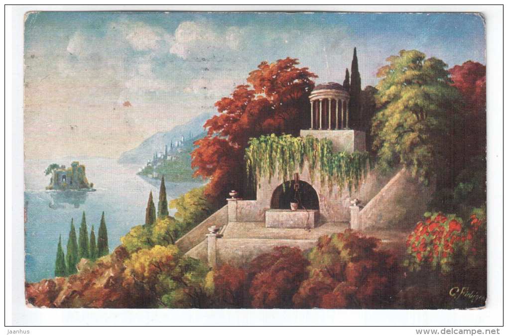 illustration by Fiebiger - well , pavilion - Amag 1148 - old postcard - circulated in Estonia 1931 , Rakvere - used - JH Postcards