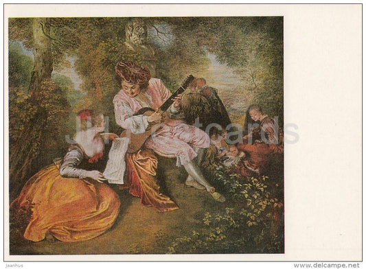 painting by Jean-Antoine Watteau - Music Lesson , 1717 - guitar - French art - 1986 - Russia USSR - unused - JH Postcards
