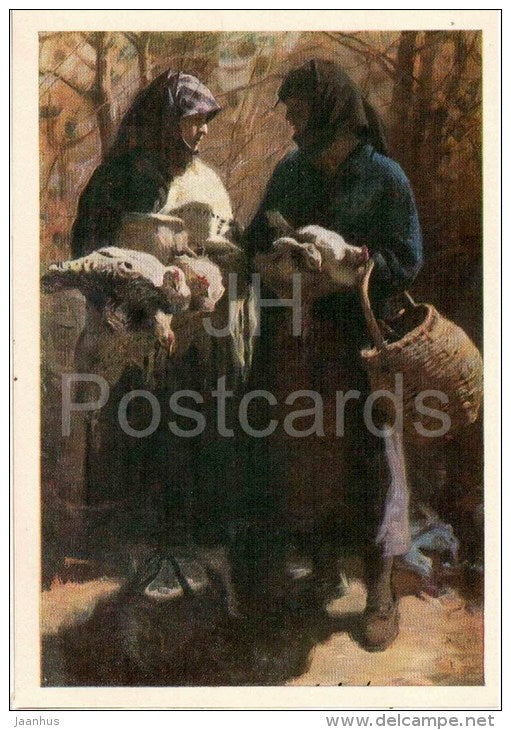 painting by U. Dzhaparidze - Talk , 1955 - chicken - georgian art - unused - JH Postcards