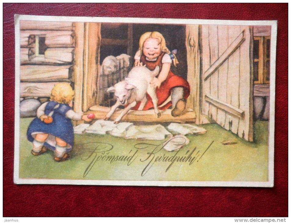 Easter Greeting Card - children - lamb - RTK 606 - 1920s-1930s - Estonia - used - JH Postcards