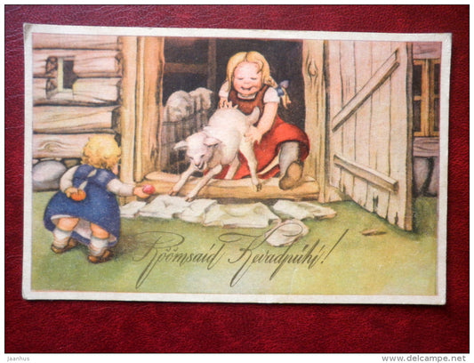 Easter Greeting Card - children - lamb - RTK 606 - 1920s-1930s - Estonia - used - JH Postcards