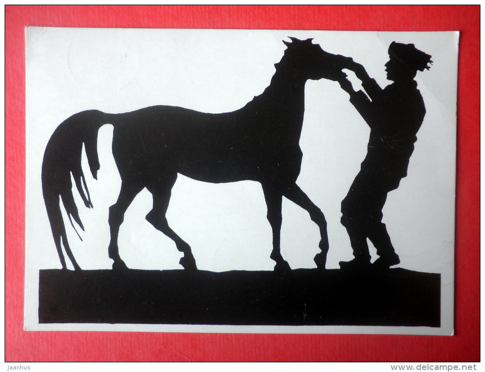 silhouette by Emil Cedercreutz - horse - man - Finland - sent from Finland to Estonia USSR 1985 - JH Postcards