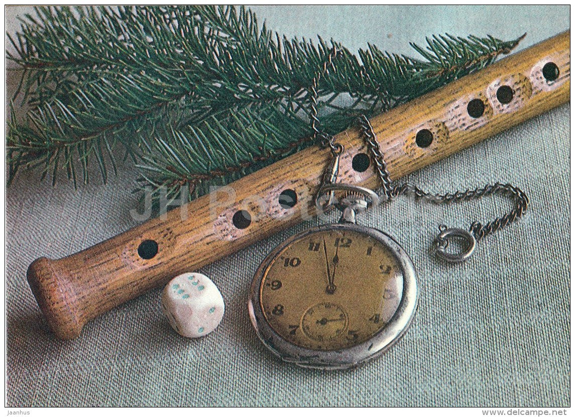New Year Greeting card - 1 - die - watch - flute - 1986 - Estonia USSR - used - JH Postcards