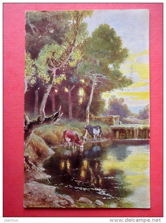 illustration - signed - cow - river - nature - Peluba 261 - circulated in Estonia Tallinn 1926 - JH Postcards