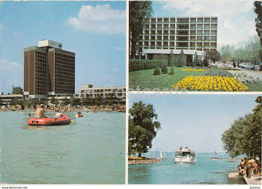 Greetings from lake Balaton - boat - hotel - beach - multiview - 1979 - Hungary - used - JH Postcards