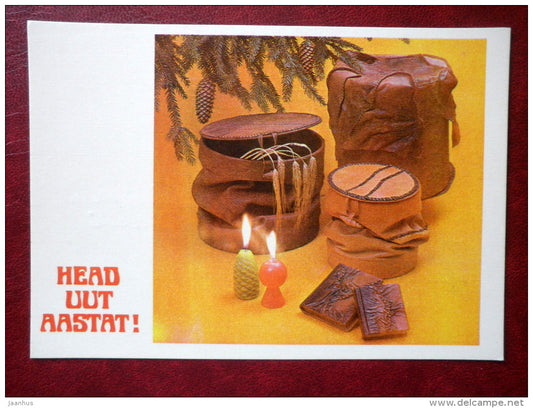 New Year Greeting card - leather items - candles - 1981 - Estonia USSR - used - JH Postcards