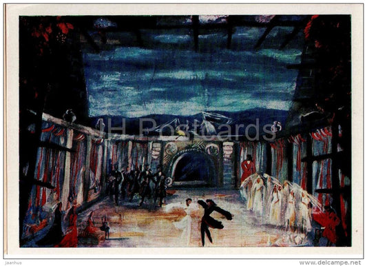 painting by C. Virsaladze - Set design for the ballet Heart of the Mountains , 1938 - theatre - georgian art - unused - JH Postcards
