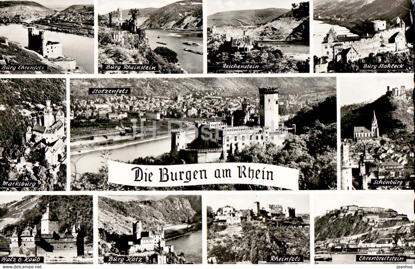Die Burgen am Rhein - Ehrenfels - Rheinstein - Reichenstein - Stahleck - castle - old postcard - 1954 - Germany - used - JH Postcards