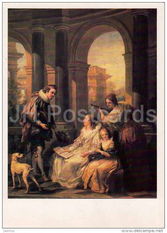 painting by Charles-Andre van Loo - Spanish Concert - music - dog - French art - Russia USSR - 1986 - unused - JH Postcards