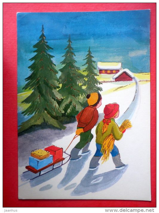 Christmas Greeting Card - sleigh - children - house - 821538 - Finland - circulated in Finland - JH Postcards