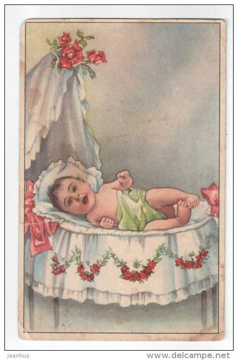 Greeting Card - baby in the cradle - HM - old postcard - circulated in Estonia - used - JH Postcards