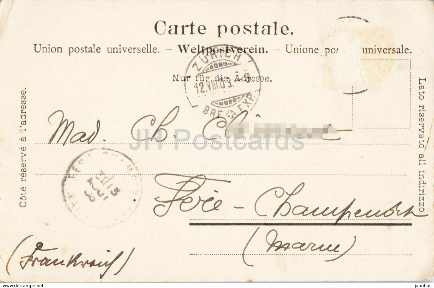 Zurich - Sonnenquai - 2603 - carte postale ancienne - 1903 - Suisse - utilisé