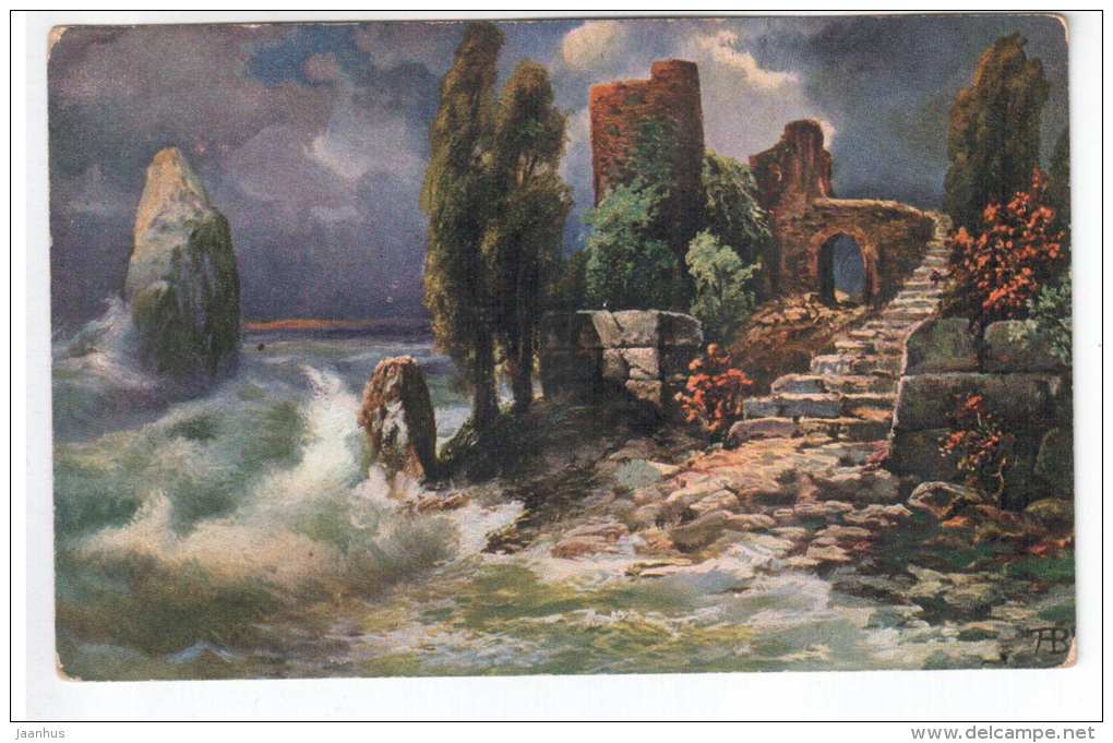 illustration by A. B. - sea , ruins - ASM Serie 525 - old postcard - circulated in Tsarist Russia 1913 , Nuia - used - JH Postcards