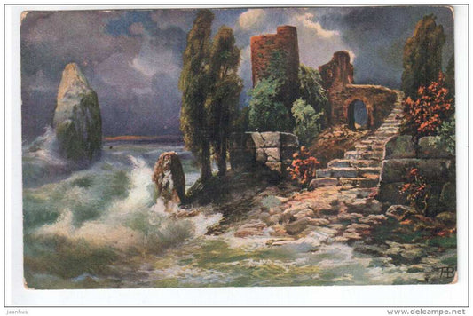 illustration by A. B. - sea , ruins - ASM Serie 525 - old postcard - circulated in Tsarist Russia 1913 , Nuia - used - JH Postcards