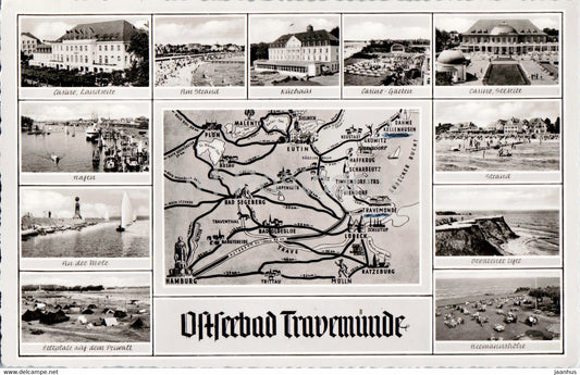 Ostseebad Travemunde - Casino - Strand - Kurhaus - Hafen - Hermannshohe - old postcard - 1955 - Germany - used - JH Postcards