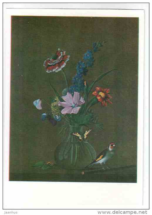 painting by F. P. Tolstoy - Boquet , Butterfly and Bird - still life - russian art - unused - JH Postcards