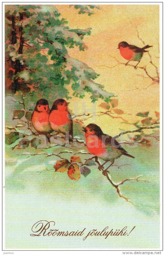 Christmas Greeting Card - bullfinches - birds - old postcard reproduction - Estonia - unused - JH Postcards