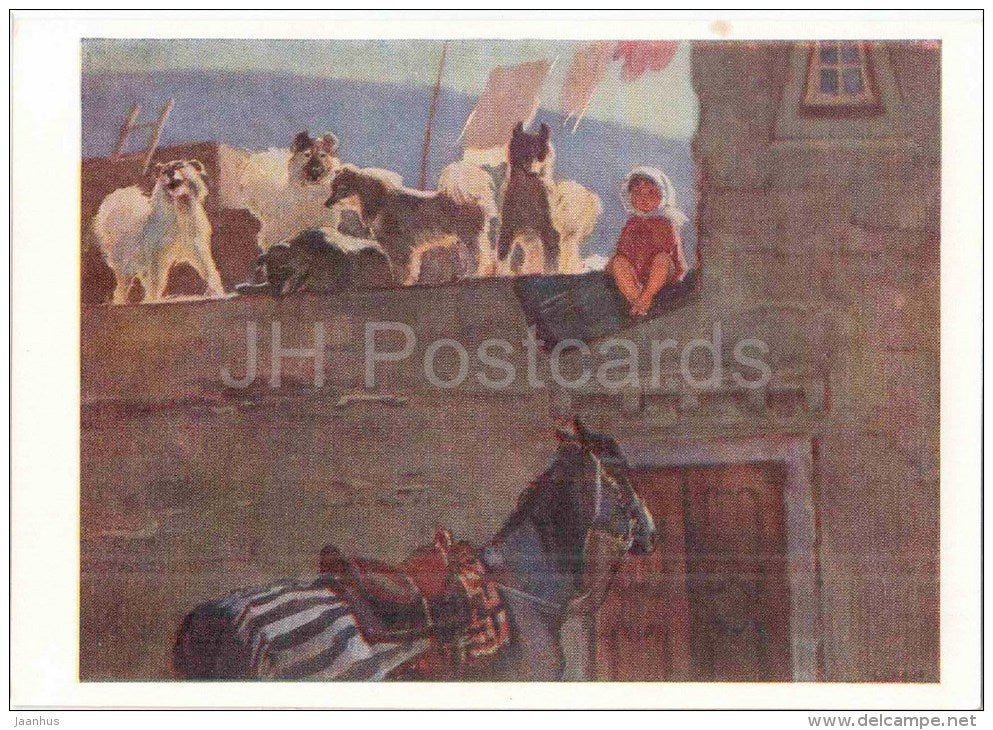 painting by V. Tsigal - House of shepherd , 1959-60 - horse - dogs - russian art - unused - JH Postcards
