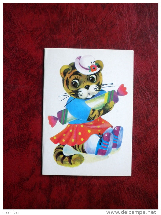 Birthday Greeting Card - tiger - candies - bee - mini-card - 1985 - Russia - USSR - unused - JH Postcards