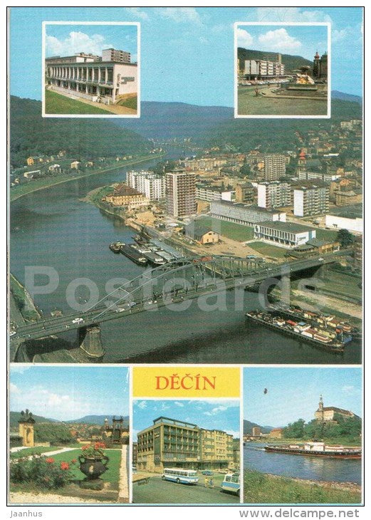 Decin - restaurant Atlantic Club - square - Rose garden - hotel Grand - castle - bus - Czechoslovakia - Czech - unused - JH Postcards