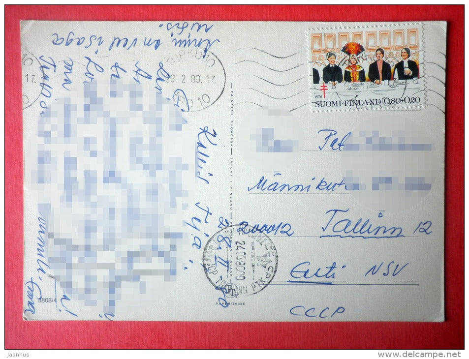 illustration by Anneliese - girl - bird - umbrella - 3808/4 - Finland - sent from Finland Turku to Estonia USSR 1980 - JH Postcards