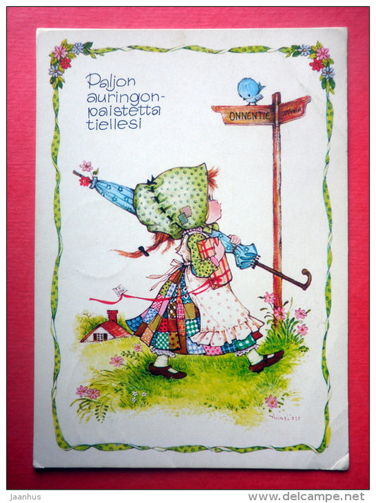 illustration by Anneliese - girl - bird - umbrella - 3808/4 - Finland - sent from Finland Turku to Estonia USSR 1980 - JH Postcards