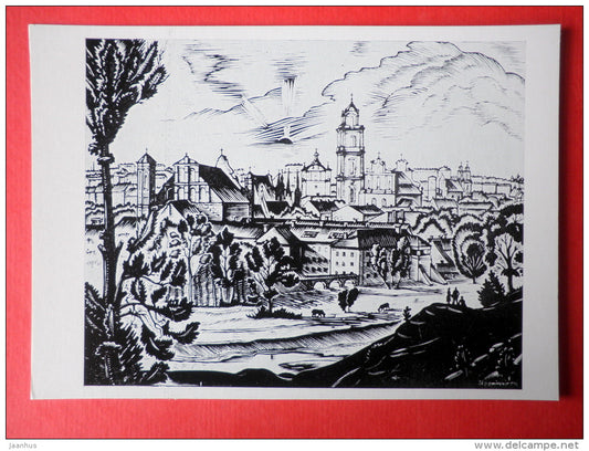 engraving by Jonas Kuzminskis - Panorama of Vilnius . 1943 - lithuanian art - unused - JH Postcards