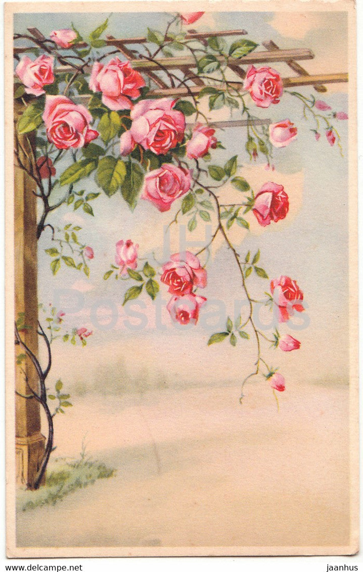 flowers - roses - 6614 - illustration - old postcard - 1954 - France - used - JH Postcards