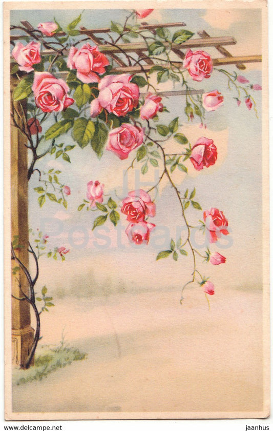 flowers - roses - 6614 - illustration - old postcard - 1954 - France - used - JH Postcards
