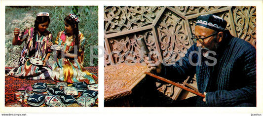 Fergana and Fergana Valley - embroidery - girls - folk costumes - wood carving master - 1974 - Uzbekistan USSR - unused - JH Postcards