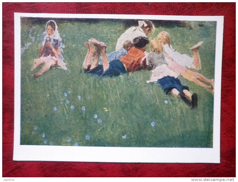 Painting by Tkachev Brothers - the clearing - children - russian art - unused - JH Postcards