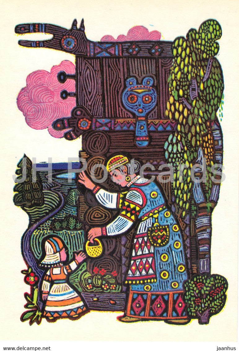 illustration by V. Ignatov - Girl with a spindle - hut - Komi fairy tale - 1977 - Russia USSR - unused - JH Postcards