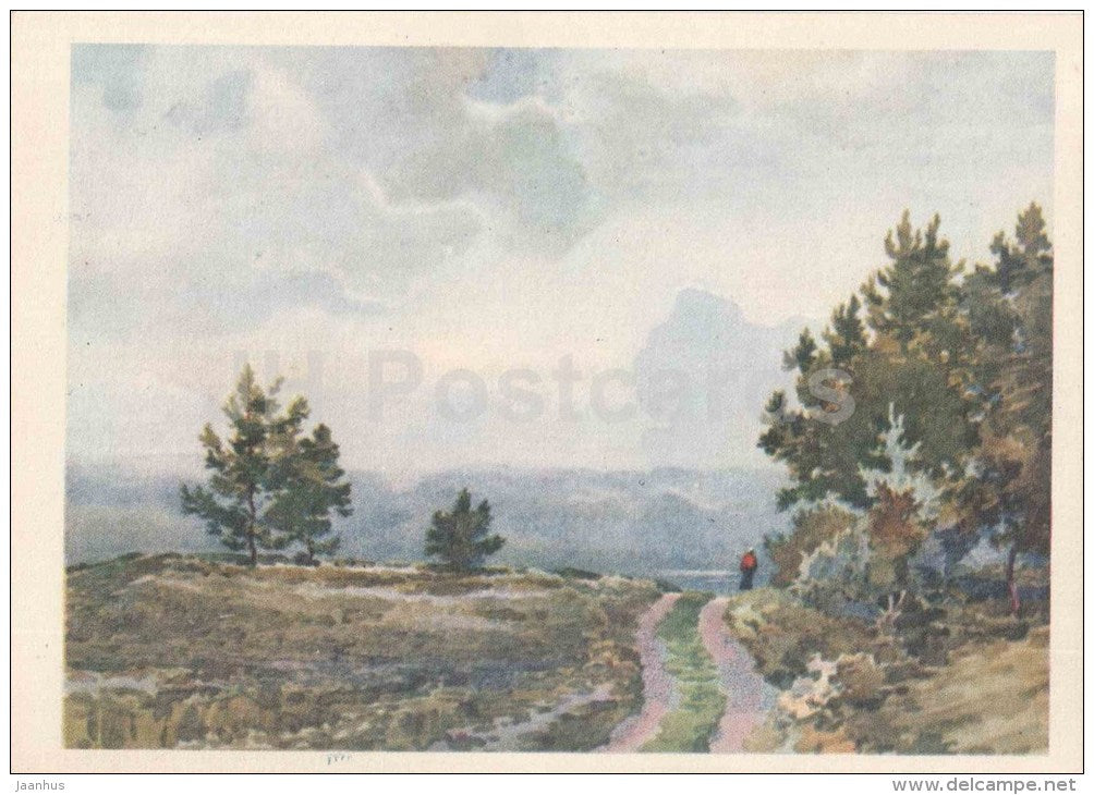 illustration by Zvontsov - road - three pines - Mikhaylovskoye Pushkin Museum Reserve - 1958 - Russia USSR - unused - JH Postcards