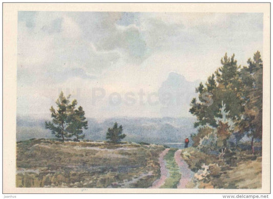 illustration by Zvontsov - road - three pines - Mikhaylovskoye Pushkin Museum Reserve - 1958 - Russia USSR - unused - JH Postcards