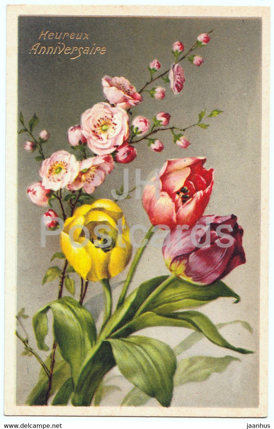 Birthday Greeting Card - Heureux Anniversaire - flowers - tulips - 1 - illustration - old postcard - France - used - JH Postcards