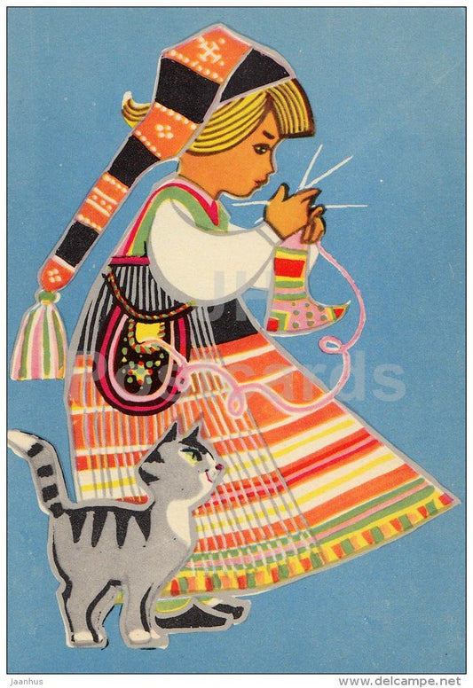 illustration by M. Fuks - girl in Estonian folk costumes - cat - knitting - 1965 - Estonia USSR - unused - JH Postcards