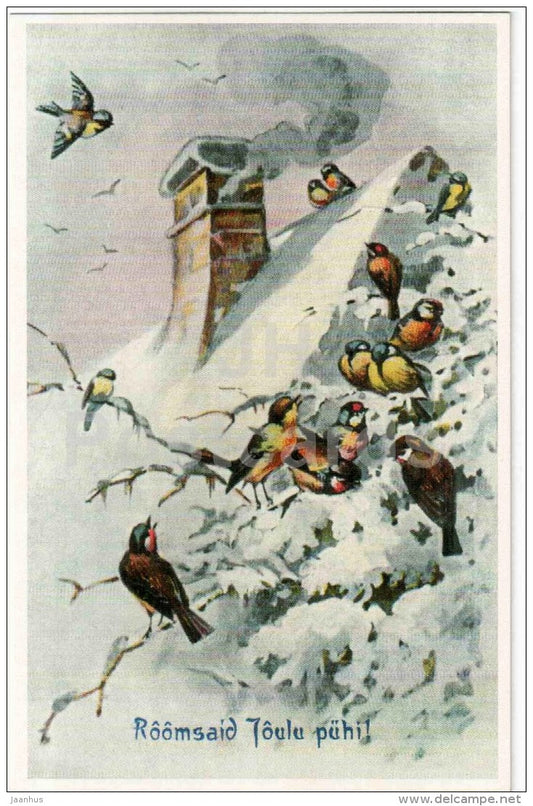 Christmas Greeting Card - bullfinches - tits - chimney - birds - old postcard reproduction - Estonia - unused - JH Postcards