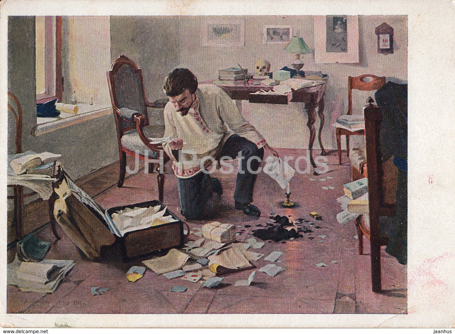 painting by Y. Kalinitchenko - Before the perquisition - Russian art - 1928 - Russia USSR - unused - JH Postcards